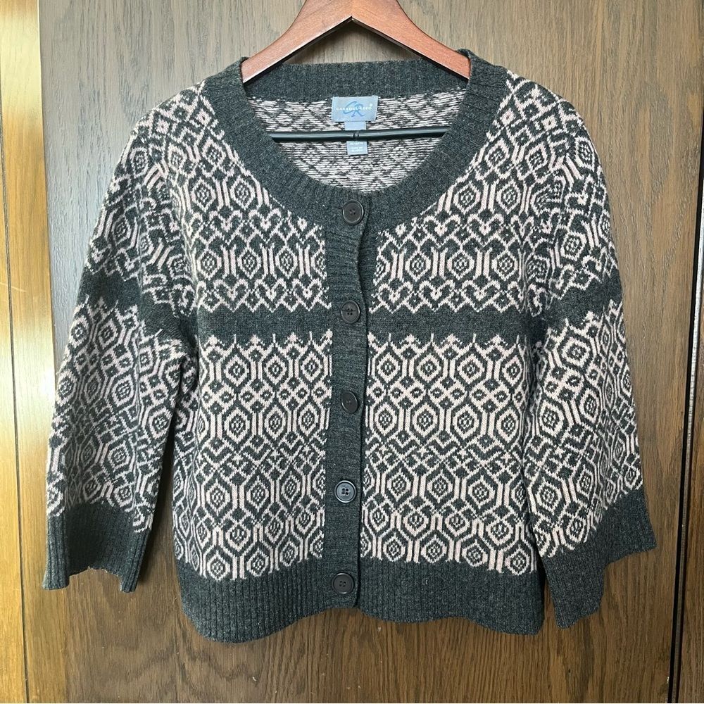 Vintage Carroll Reed Fair Isle Wool cardigan sweater in a geometric pattern